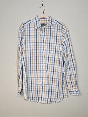 ORVIS Button Front Long Sleeve Shirt Plaid 100% Cotton Size Medium Blue Orange